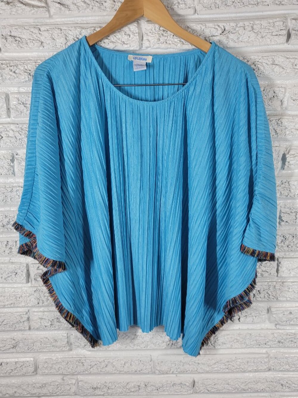 Cocobleu Kimono Blouse XL Blue Crinkle Crepe Fringe Round Neck Boho BLU28E